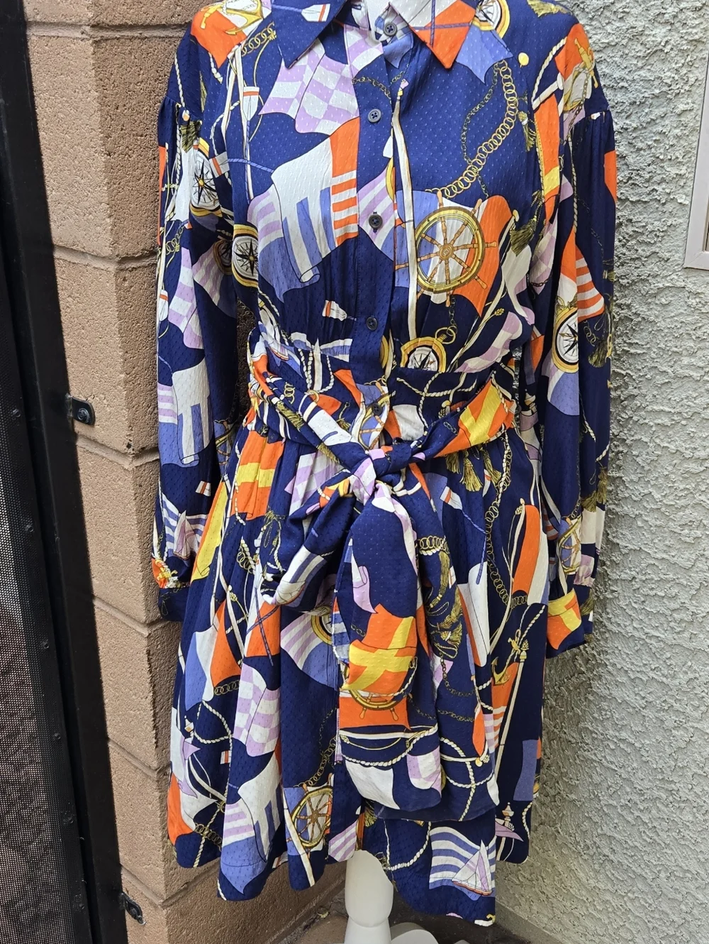 Anthropologie Maeve Nautical Navy Printed Long-Sleeve Wrap Dress Blue Flag Sail - Picture 3 of 12